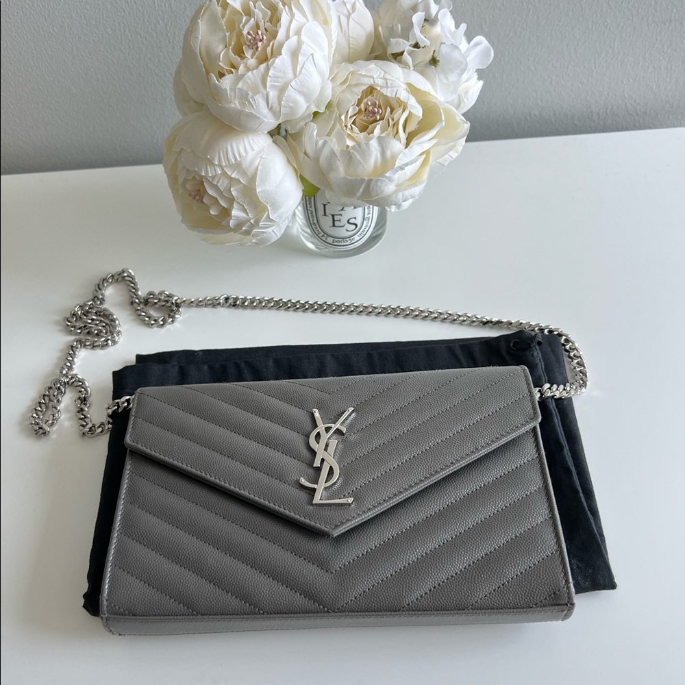 NIB Saint Laurent Monogram Quilted Leather Chain Wallet / Large